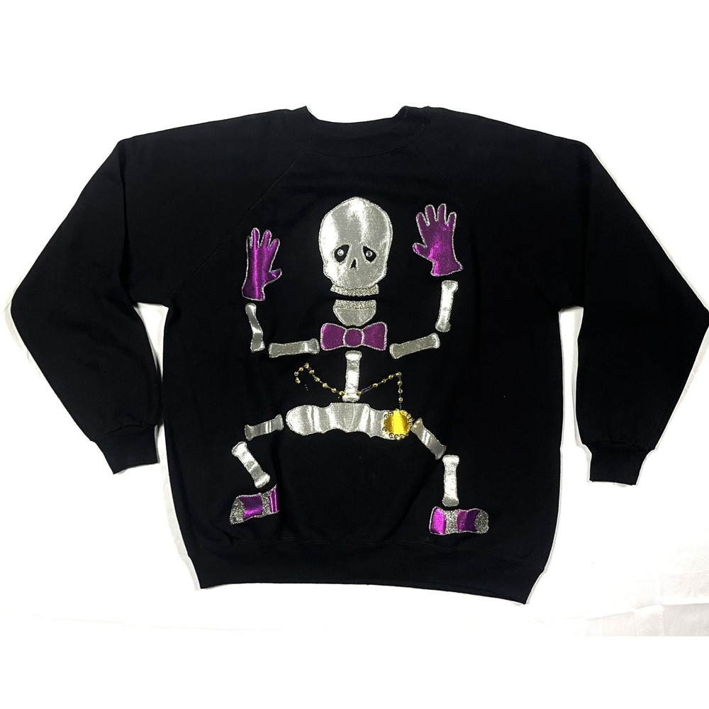 Vtg 90s Hanes HerWay XL Black Skeleton Sweatshirt Halloween Novelty Made USA